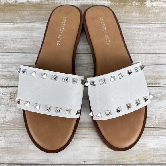 Sincerely Jules Tyler Studded Wide Strap Slide Sandals Size‎ 9 White Silver - Picture 2 of 10